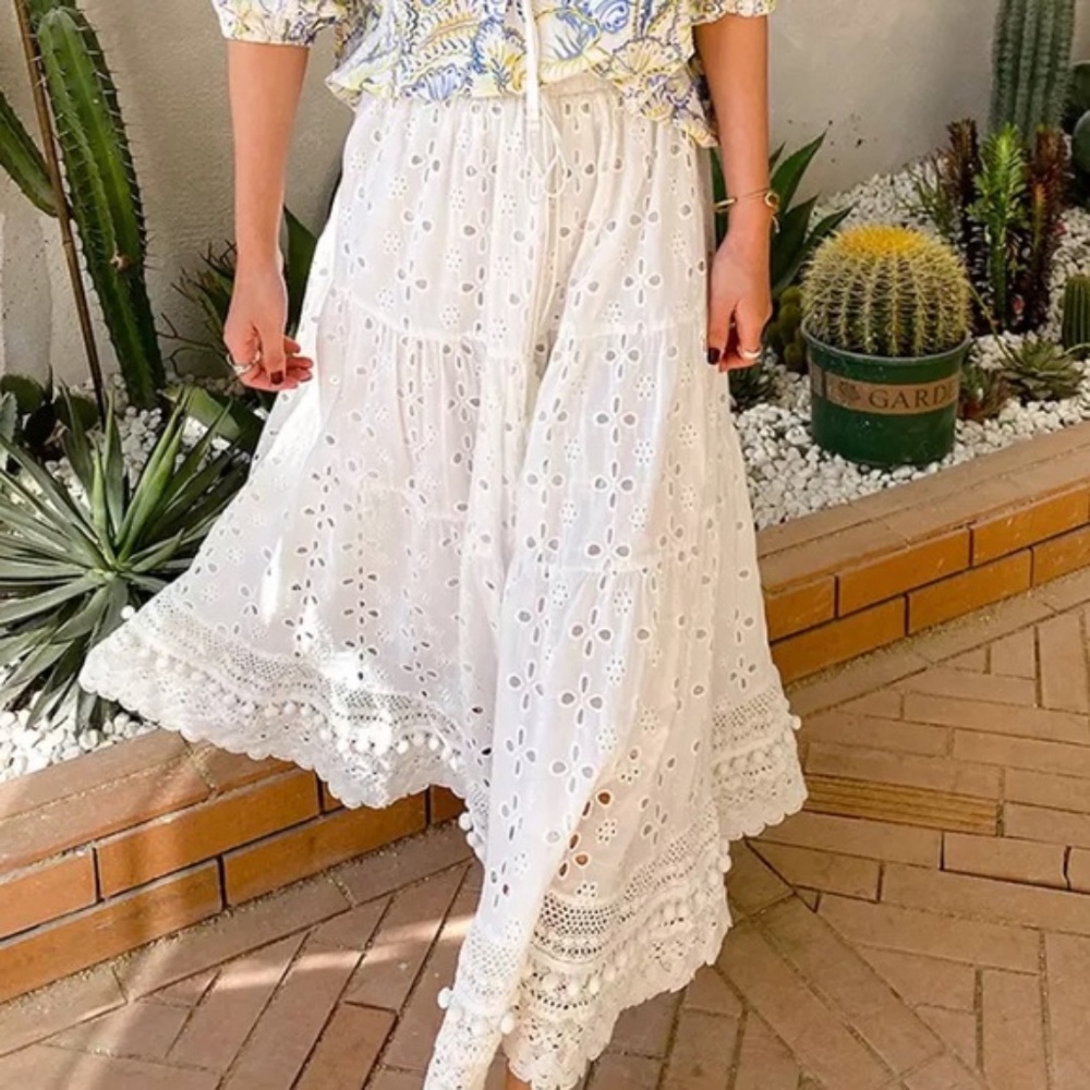 SOLD OUT White Eyelet Pompom Trim Tassel Boho Maxi Skirt - Picture 2 of 8